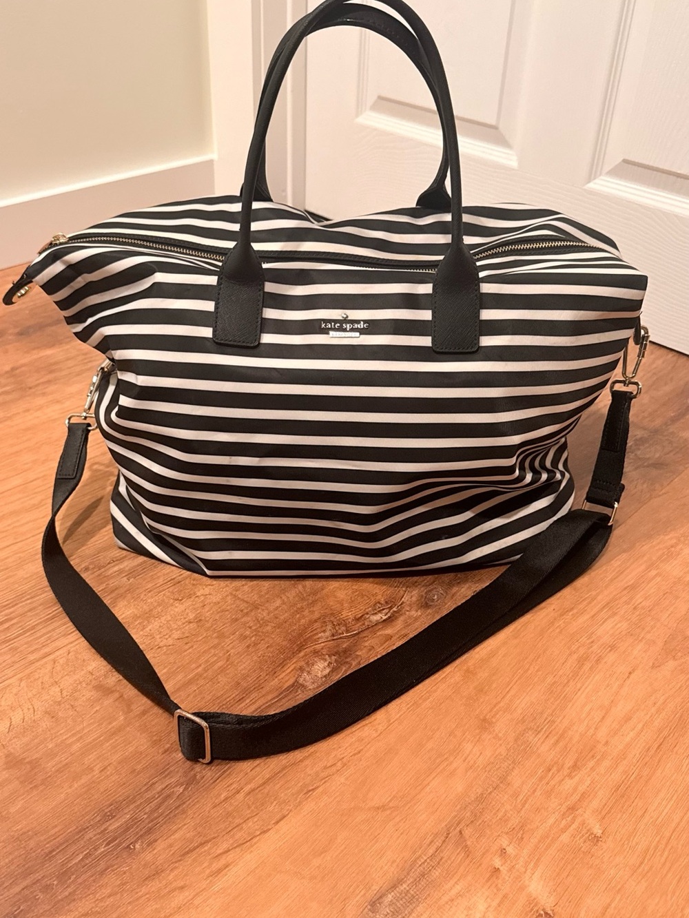 kate spade Black & White Striped Travel Bag Set with Floral Cosmetic Cases - Picture 2 of 16